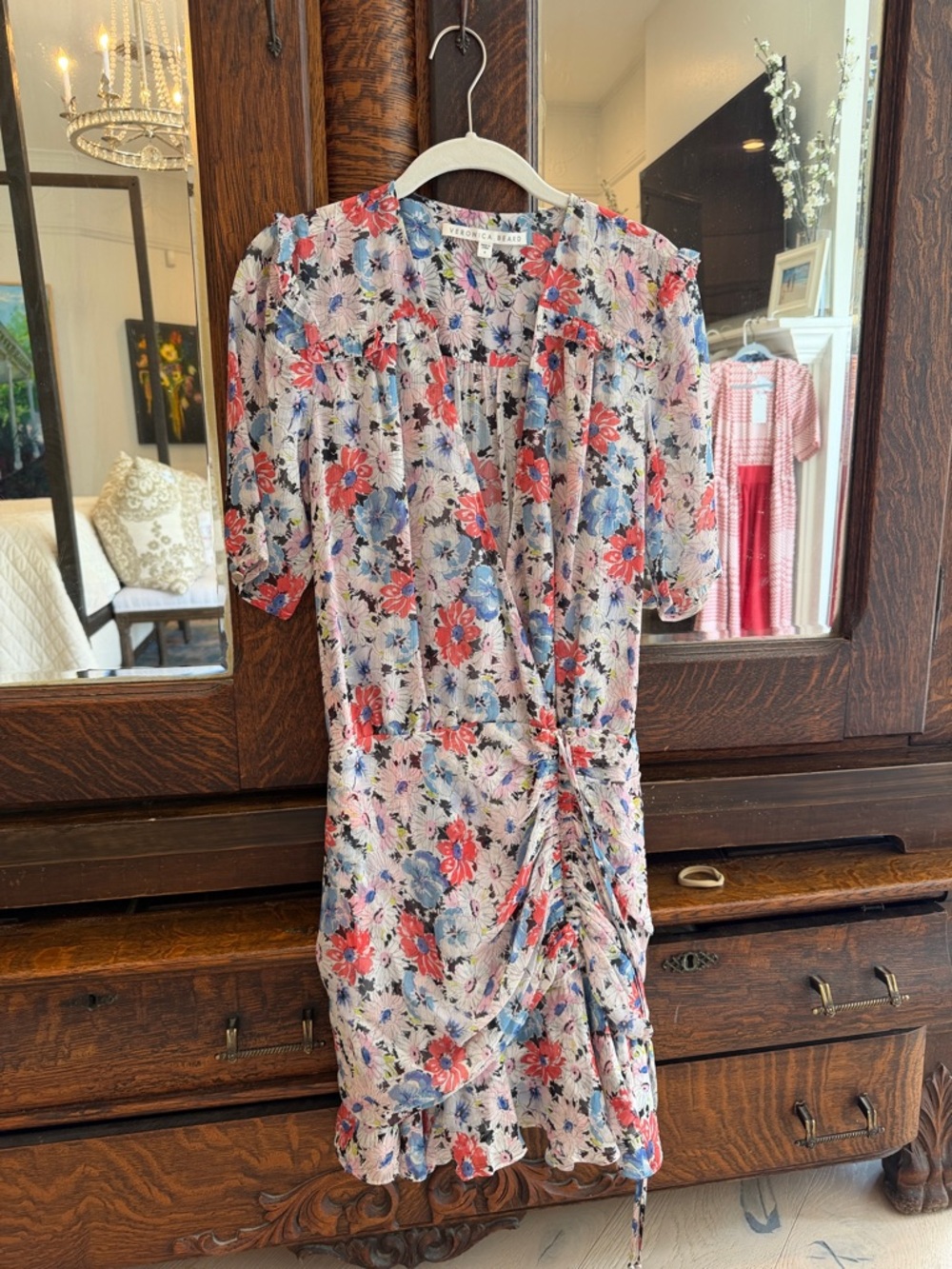 Veronica Beard Floral Wrap Mini Dress in Pink, Red and Blue
